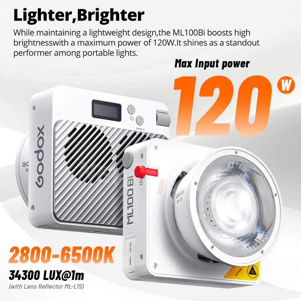 Godox 2 색 휴대용 LED 조명, 비디오 녹화 및 라이브 스트리밍용 사진 램프, 온보드 및 앱 제어, ML100Bi, 120W