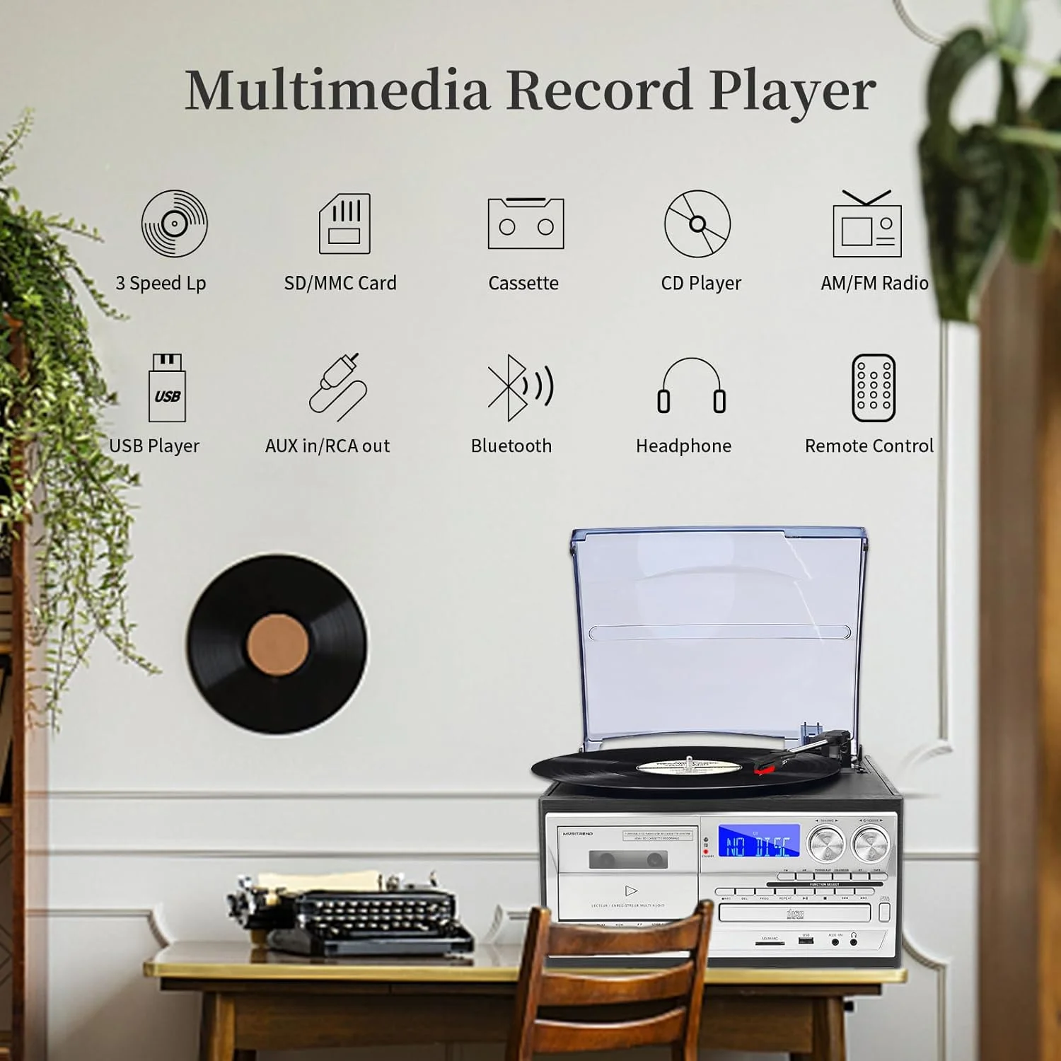 Vinyl record player Versatile Multifunctional Vintage Phonograph 3 Speed Adjustable Vinyl Record Player with Record Player CD Cassette FM/AM Radio