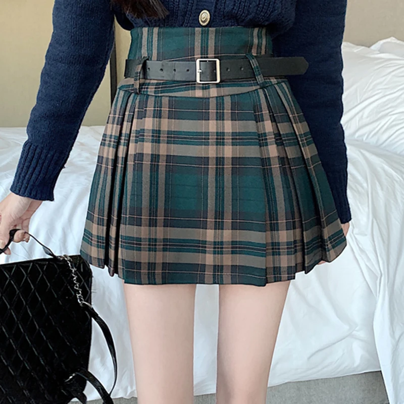 ミニスカート Plaid Short Pleats Belt Skirt Amazon.com: Women Plaid Print Short Skirt High Waist Gothic