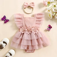 MISOWMNJOY Mesh Tulle Baby Girls Party Clothes Princess Summer Newborn Bodysuit Dress Ruffle Sleeveless Romper with Headband Set