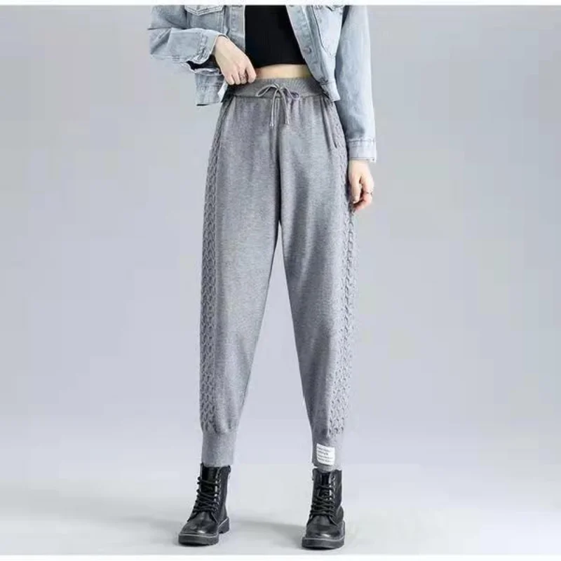 

Casual knitted pants Women spring and summer high-waisted loose radish smoke tube 9-point leggings Grandma pants leggings female