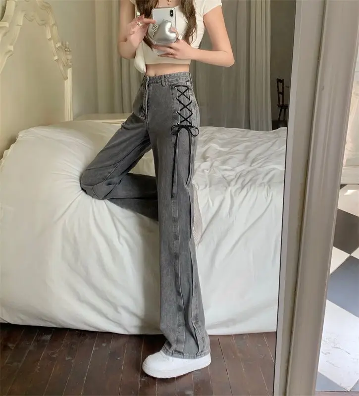 2000s Y2k Bandage Baggy Jeans Women Korean Style Oversize Denim