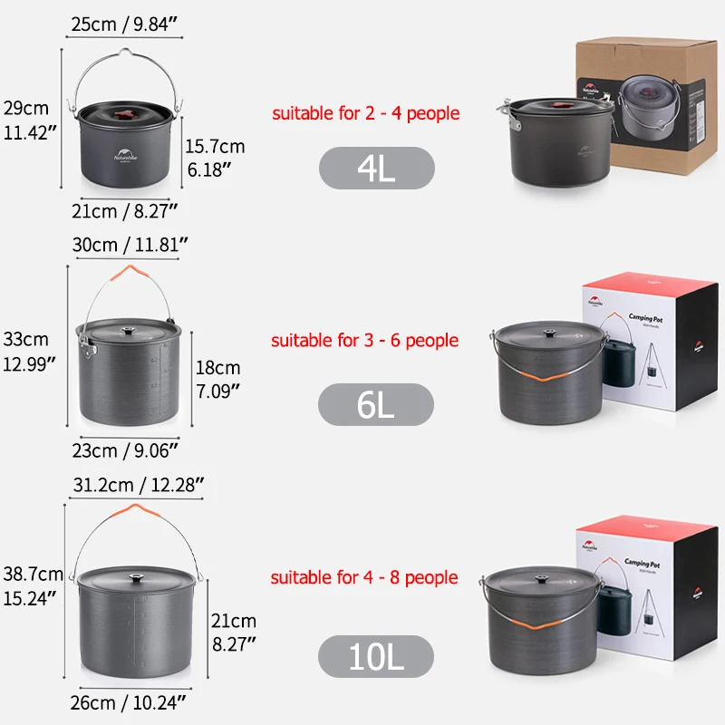 Camping Cookware Outdoor Pot 4L 6L 10L Camping Hanging Pot Outdoor Aluminium Hanging Cookware Tableware for 4-8 Person Picnic Cooking Tourism Tripod