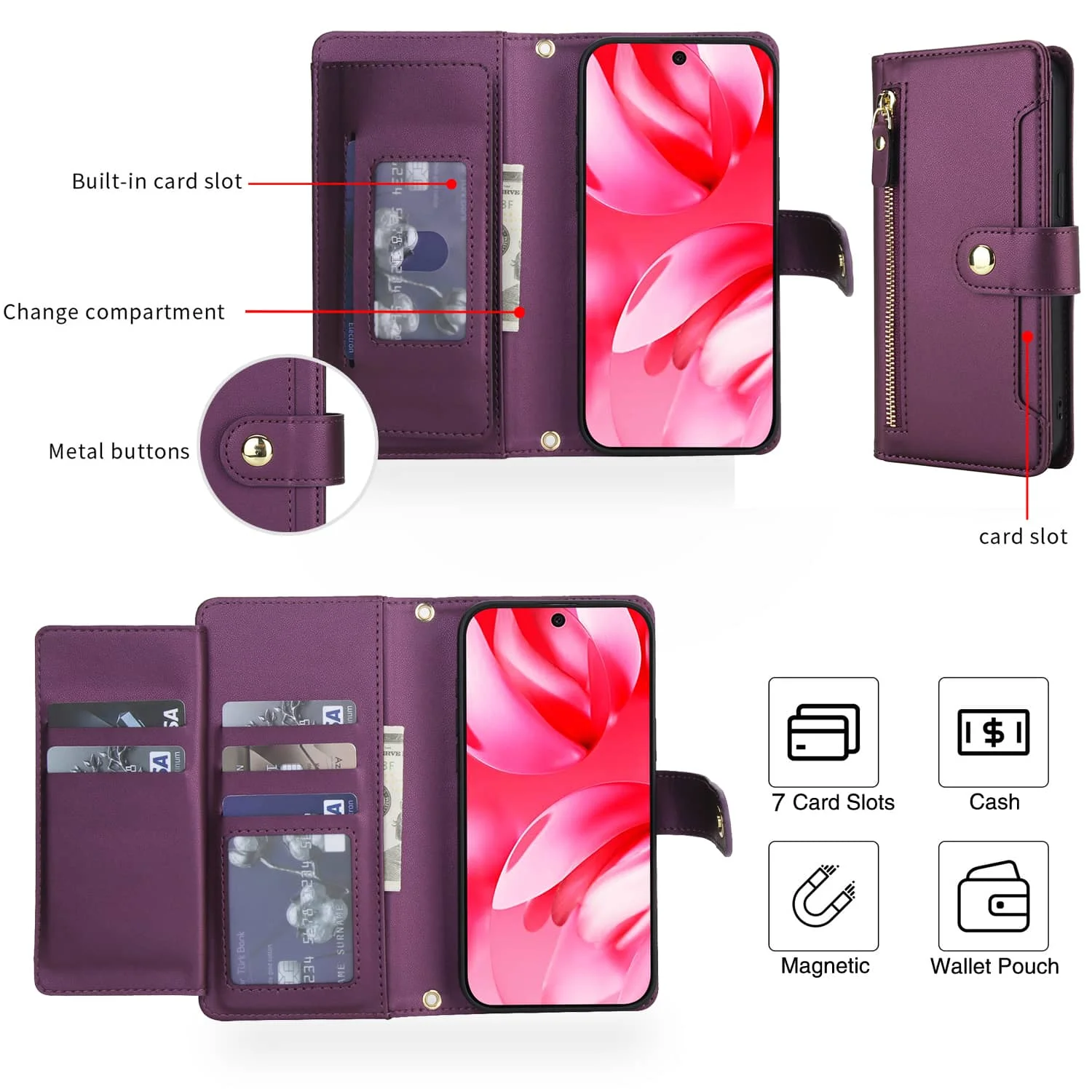 Premium Flip Wallet Case with Zipper Pocket, Card Holder Slot, Magnetic Closure, and Lanyard