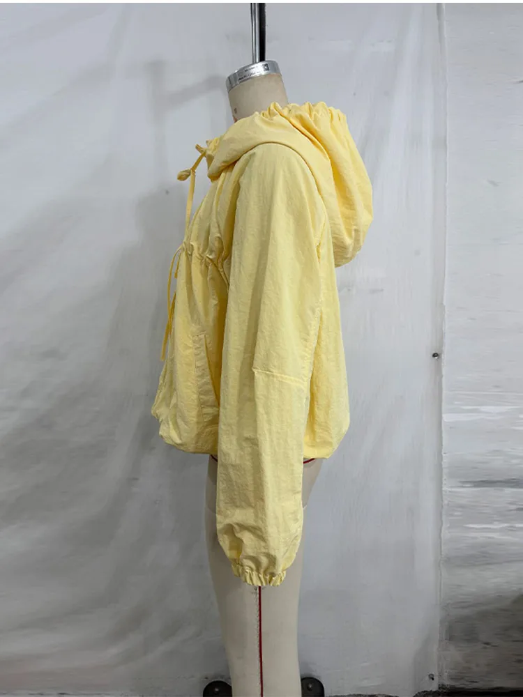 Reißverschluss-Mantel mit langen Ärmeln und Schleifenkappe für Damen, Streetwear mit Laternenärmeln, Schnürung, einfarbig, locker sitzender Mantel, modische Damen-Oberbekleidung, neu – Detail 4