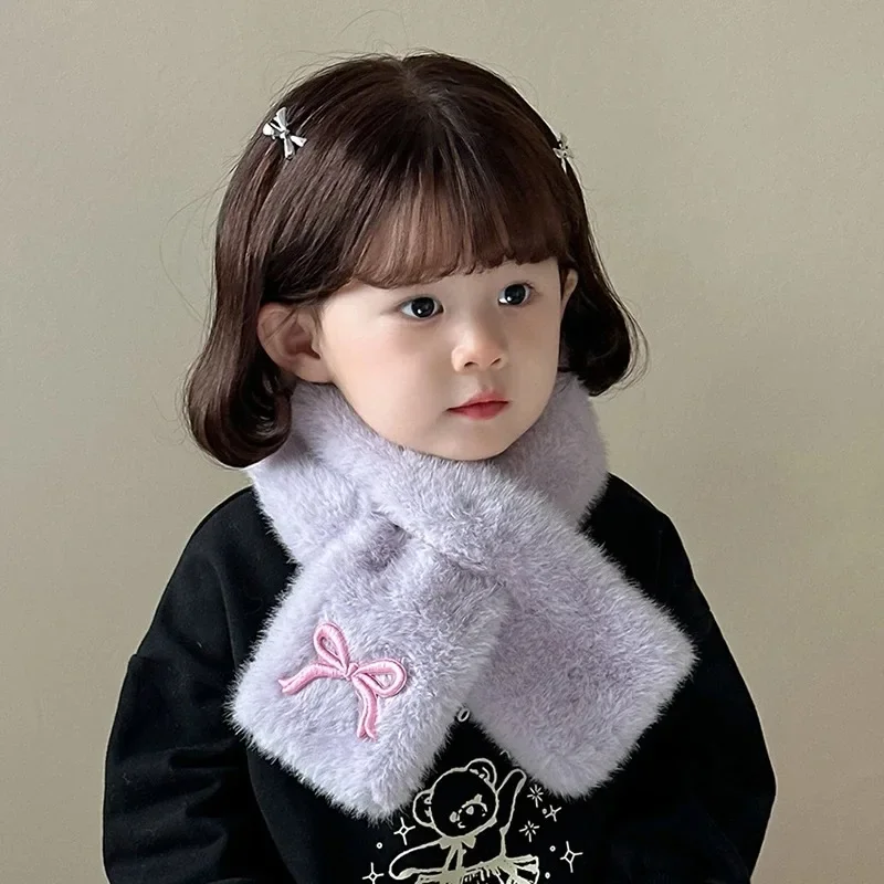 Embroidered Bow Baby Plush Scarf Winter Warm Children Neckerchiefs Korean Kids Cross Neck Covers Sweet Girl Fur Collars