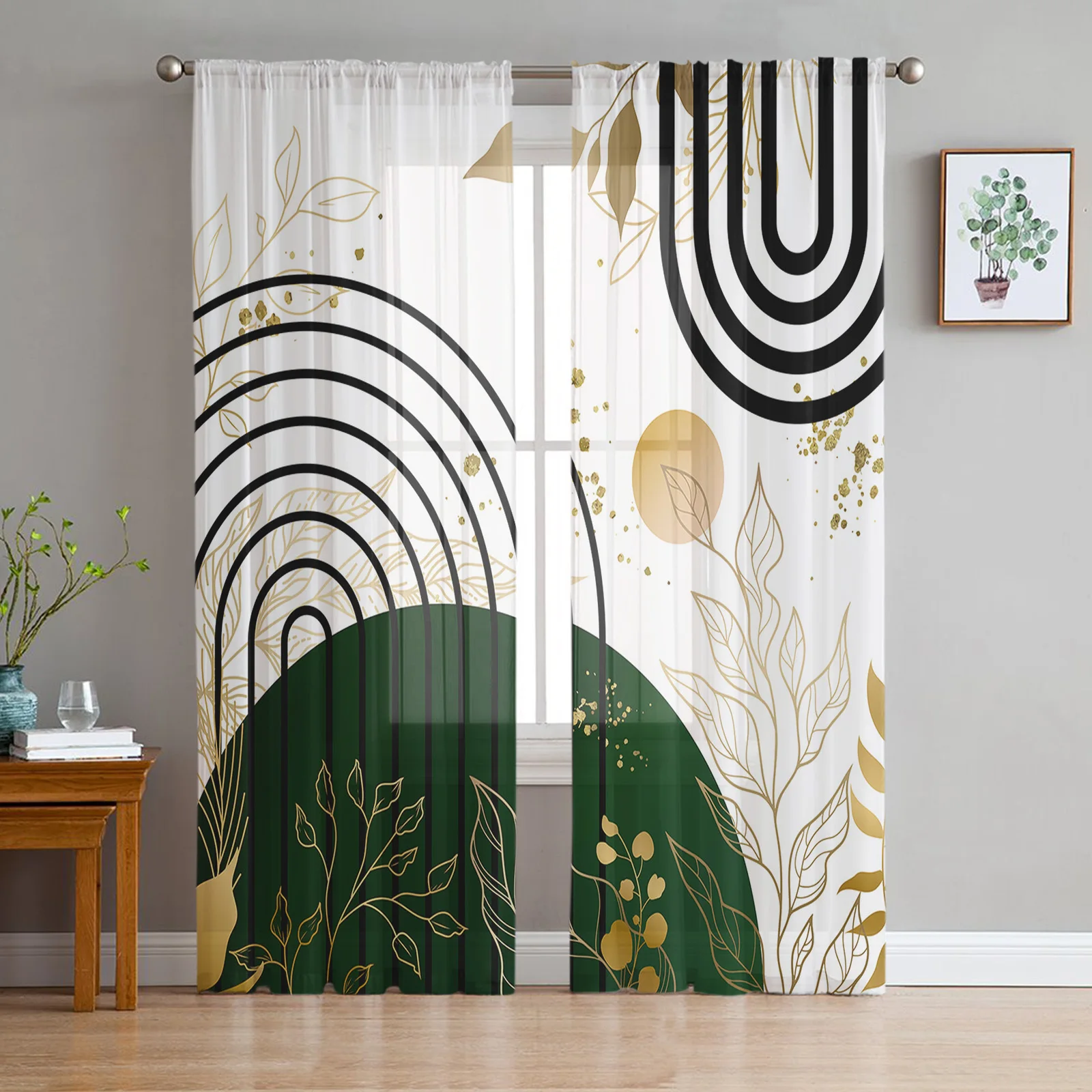 

Bohemian Abstract Style Leaf Plant Sheer Curtains for Living Room Tulle Window Panels Voile Yarn Bedroom Drapes