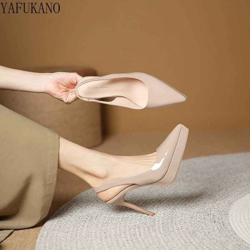 Temperament Red Pointed Toe Patent Leather High Heels Womens Summer New Thin Heel Platform Sandals Fashion Slingbacks Girl Pumps