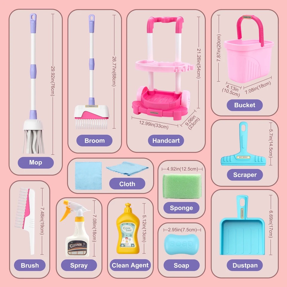 12-delige set kinderschoonmaakset met handkar, realistisch speelgoed voor het naspelen van hygiëne en schoonmaken, speelgoed voor jongens en meisjes._voghion.com