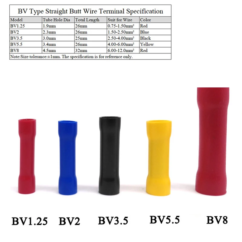 

10/30pcs BV1.25 BV2 BV3.5 BV5.5 BV8 Straight Butt Wire Terminal Splice Crimp PVC Insulated Copper Tube Cold Press Cable Connect