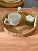 Round Handwoven Rattan Tray with Wooden Handle Handmade Rattan Food Plate Natural Simplicity Wear-resistant for Cake Snack Drink 3