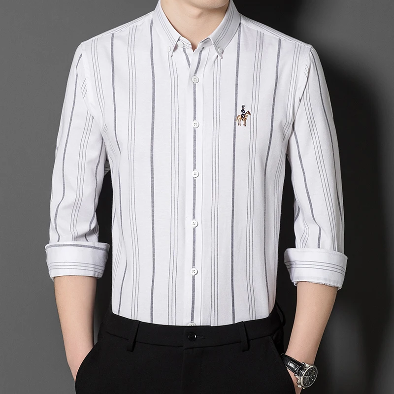 Men's 100% Cotton Oxford Striped Shirt Tops Casual Long Sleeve Shirt Embroidery Regular-fit Button-down Collar Thick Work Shirts