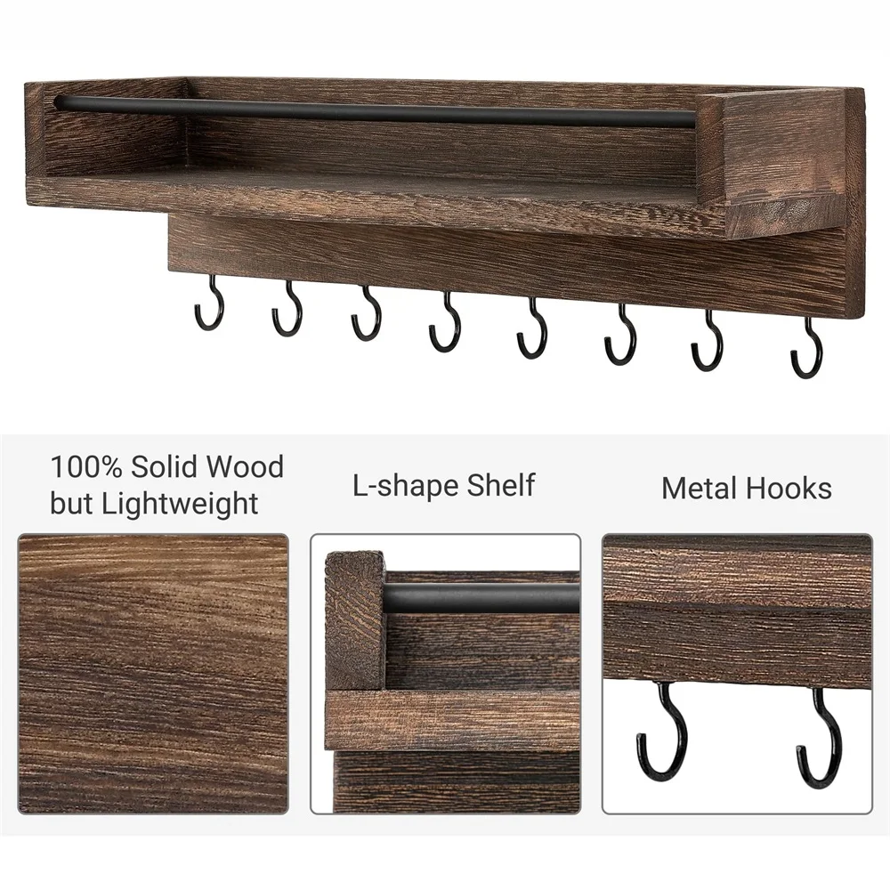 Rustic Wood Floating Shelf Wall Mounted for Entryway Decor Key Holder Rack with 8 Key Hooks For Hanging Keys Coats Dog Leashes 3