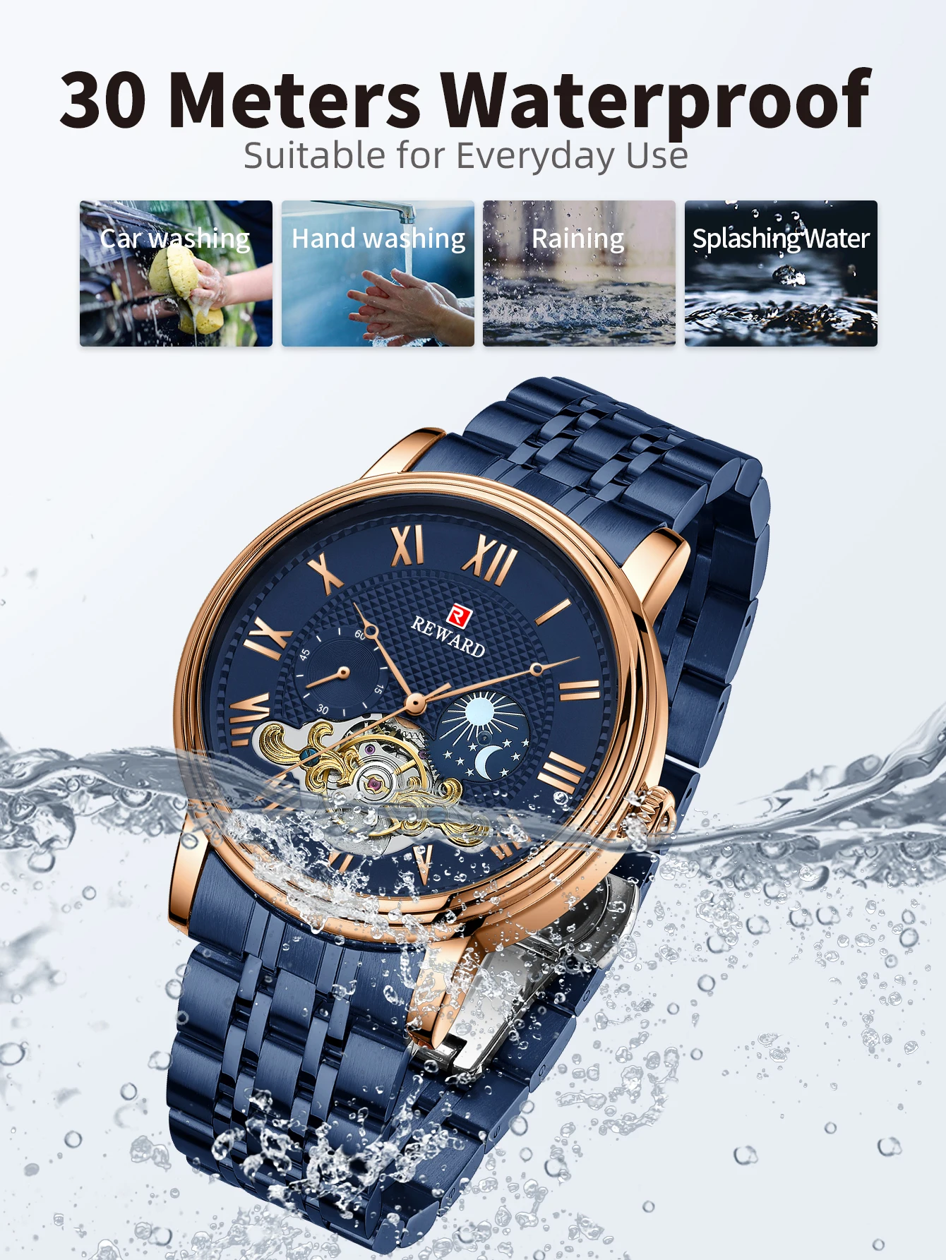 REWARD Blue Fashion Men Quartz Wristwatches Mens Watches Top Brand Luxury  Male Clocks Dual Time Mesh Strap Gift мужские часы