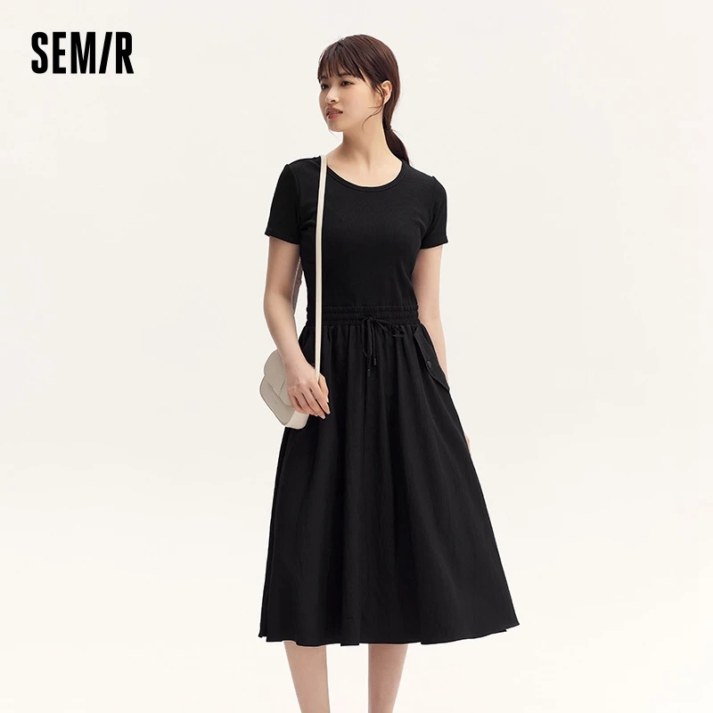 Dress Women Slim-Fit Waist-Cinching Dress Summer New Fake Two-Piece Round Neck Midi Versatile Dress