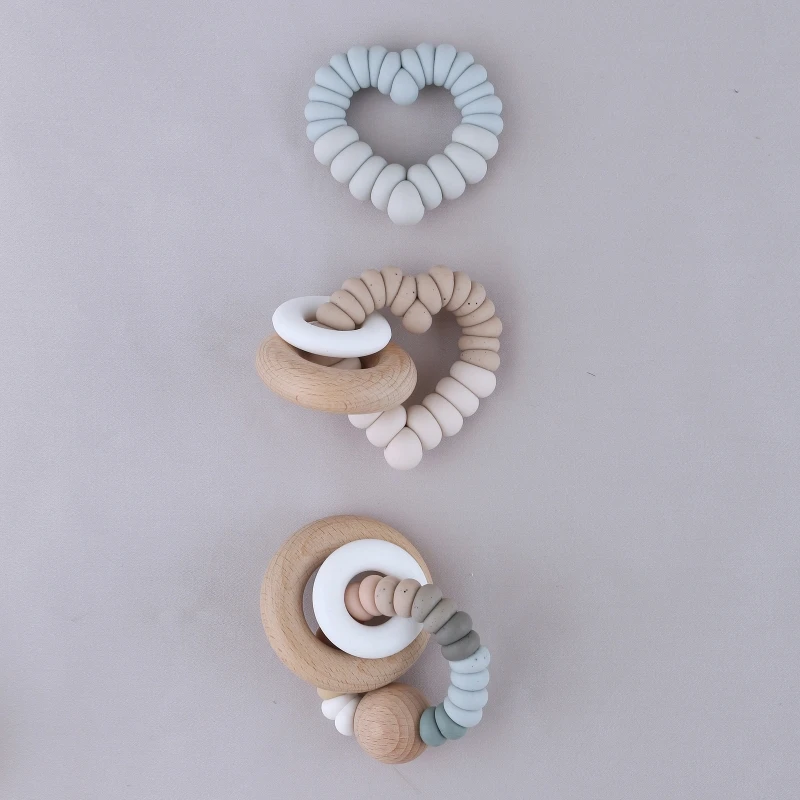 1pc BPA 무료 실리콘 Teether 심장 모양 나무 반지 팔찌 실리콘 구슬 설치류 Molar Teething Rattle
