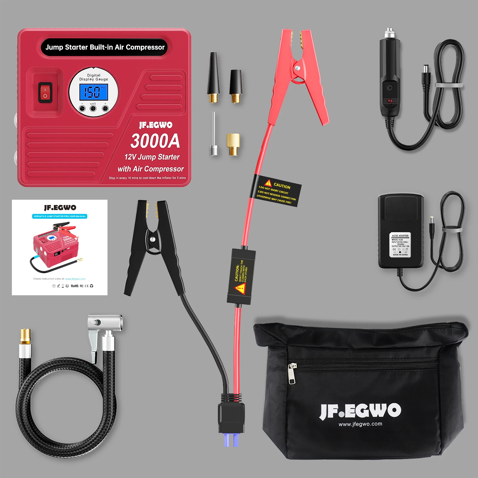 2000A 3000A Car Jump Starter Device Booster Air Compressor 24000mAh Power Bank Emergency Battery Charger Starting 12V