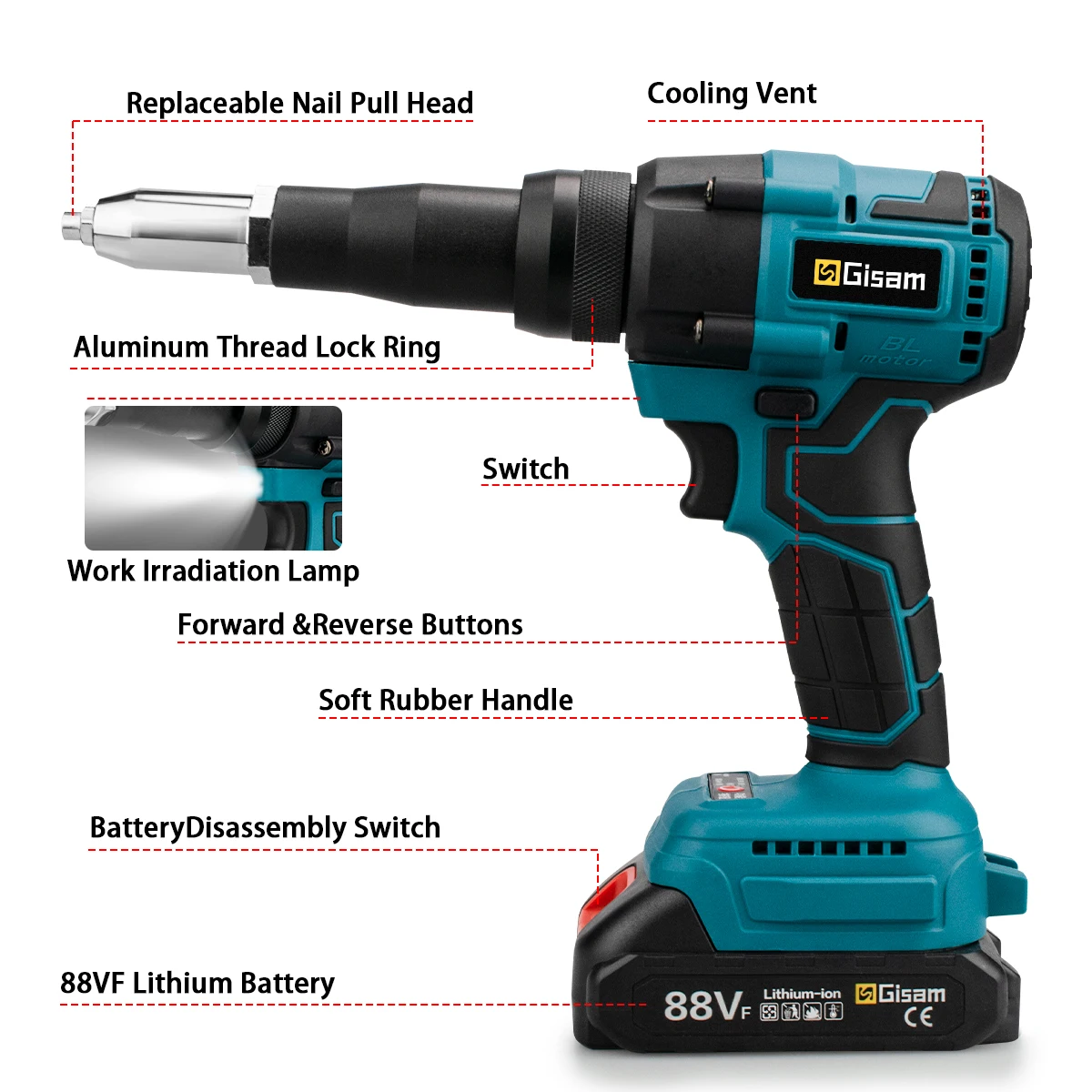 20000N Brushless Electric Rivet Gun 2.4~4.8mm Cordless Rivet Nut Gun Drill Insert Automatic Riveting Tool For Makita 18V Battery 6