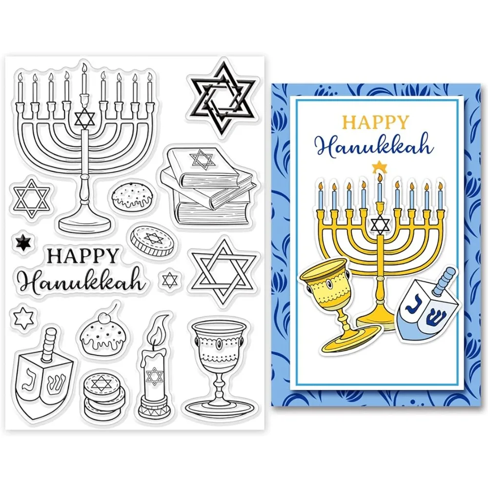 

Happy Hanukkah Clear Stamp Candles Gold Coins Silicone Stamp Cakes Books Rubber Stamp Chanukah Transparent Silicone Stamp