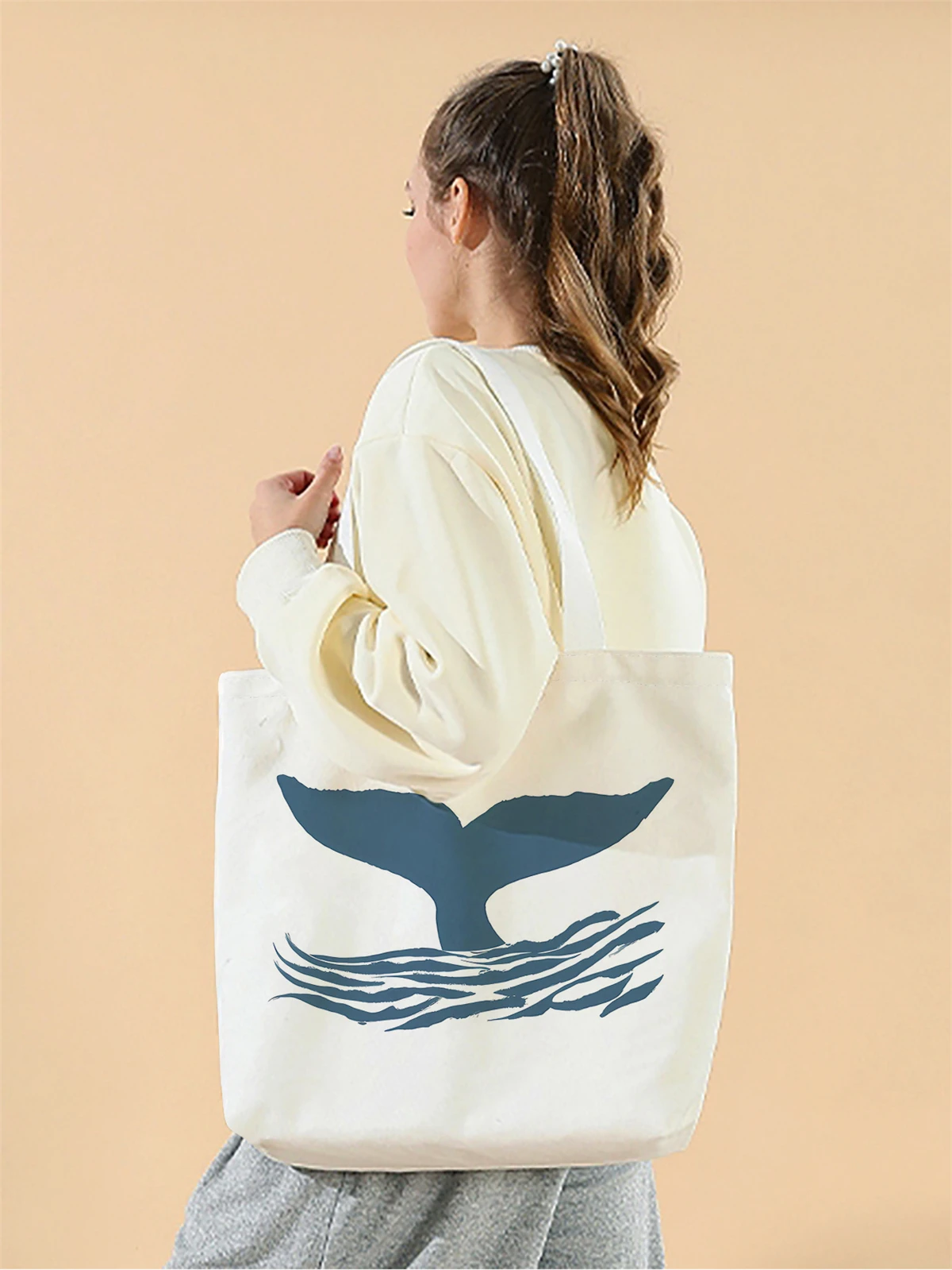 1pc,blue fish tail pattern handbag, reusable fashionable handbag, multifunctional handbag, printed canvas shopping bag