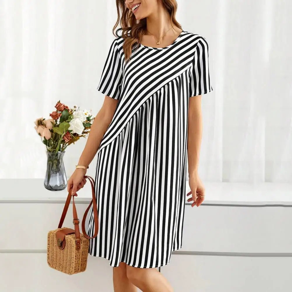 

Striped Dress Chic Striped Print Lady Dress Irregular A-line Style for Wear Commute Dating Summer Fashion Must-have Lightweight