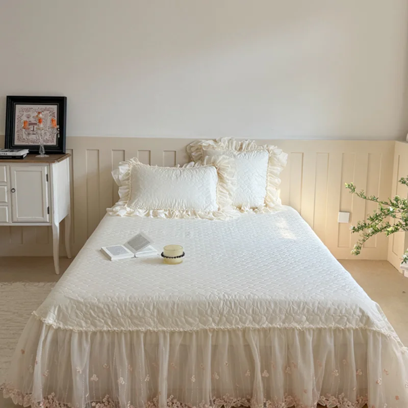 4Pcs Romantic Double Layer Lace Princess Wedding Bedding Set 100% Cotton Duvet Cover Bed Sheet Or Quilted Bedspread Pillowcases 6