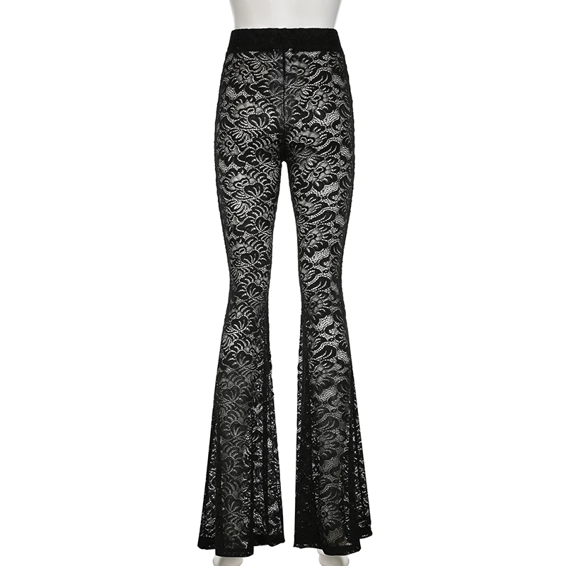 Darlingaga Fashion Black Skinny Lace Trousers Full Length Solid Transparent Sexy Party Thin Flared Pants Vintage Elegant Bottoms 6