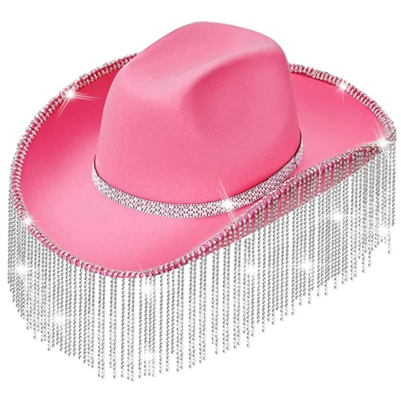 M2EA Rhinestones Cowgirl Hats Glitter Rave Cow Girl Hat with Rhinestones Fringe Adult Size Cowboy Hat for Party 3 Color cowboy hats cowgirl hats