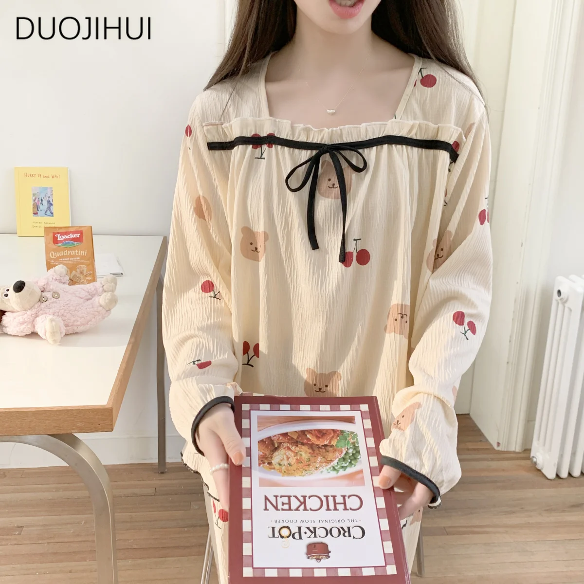 DUOJIHUI Spring Sweet Two Piece Casual Home Pajamas for Women Chic Printing Simple Bow Pullover Fashion Pant Female Pajamas Sets