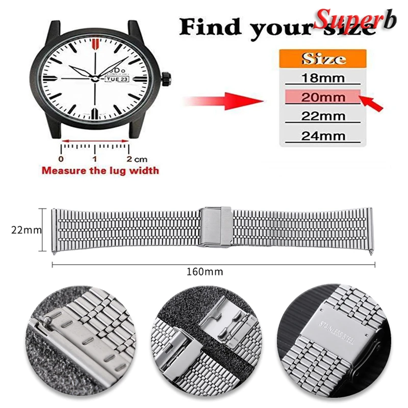 Slim Stainless Steel Watch Band with Quick Release and Double Safety Buckle