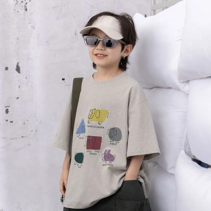 

Kid Baby Summer Boys Tees Cartoon Geometry Letter Print Half Sleeve Round Collar Handsome Children Boys Tops Little Boy T Shirts