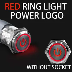 Waterproof Metal Push Button Switch with LED Ring - Momentary or Latching, Silver - 12mm(with wire) (Red circle  Power)