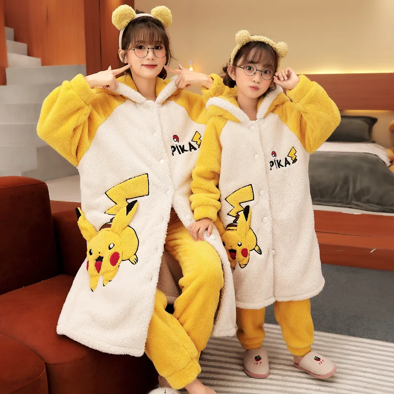 Pokemon Children s Pajamas Pikachu Anime Cartoon Coral Fleece Plush Pajamas Kawaii Nightdress Thickened Suit Adult
