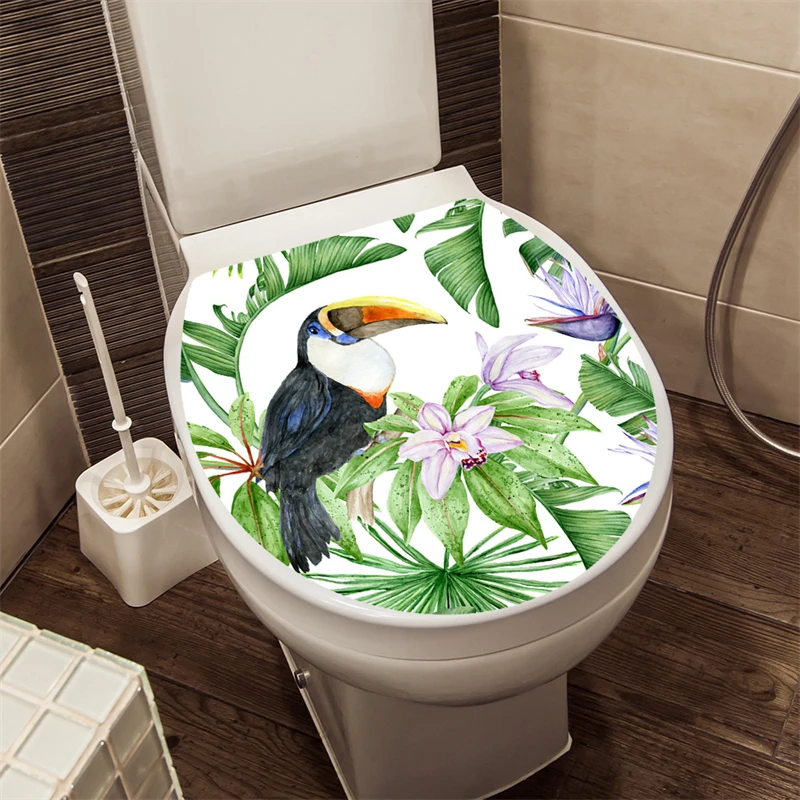 Toilet Cover Stickers Tropical Green Plants Bird Flower Printed Floral Butterfly Pattern WC Bathroom Decor Home Decoration Decal