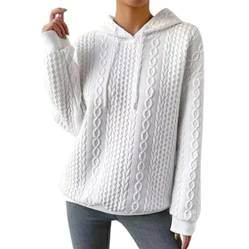 Elegant Solid Color Women Jacquard Hoodie Autumn Winter Casual Long Sleeve Hooded Sweatshirt Female Large Size Knitted Outerwear
