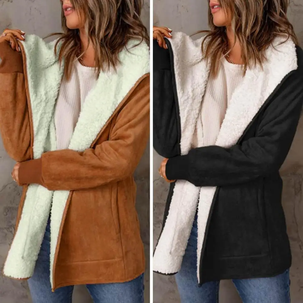 

Women Jacket Plush Lapel Mid Length Lady Cardigan Jacket with Elastic Cuff Pockets for Fall Winter Solid Color Warm for Women