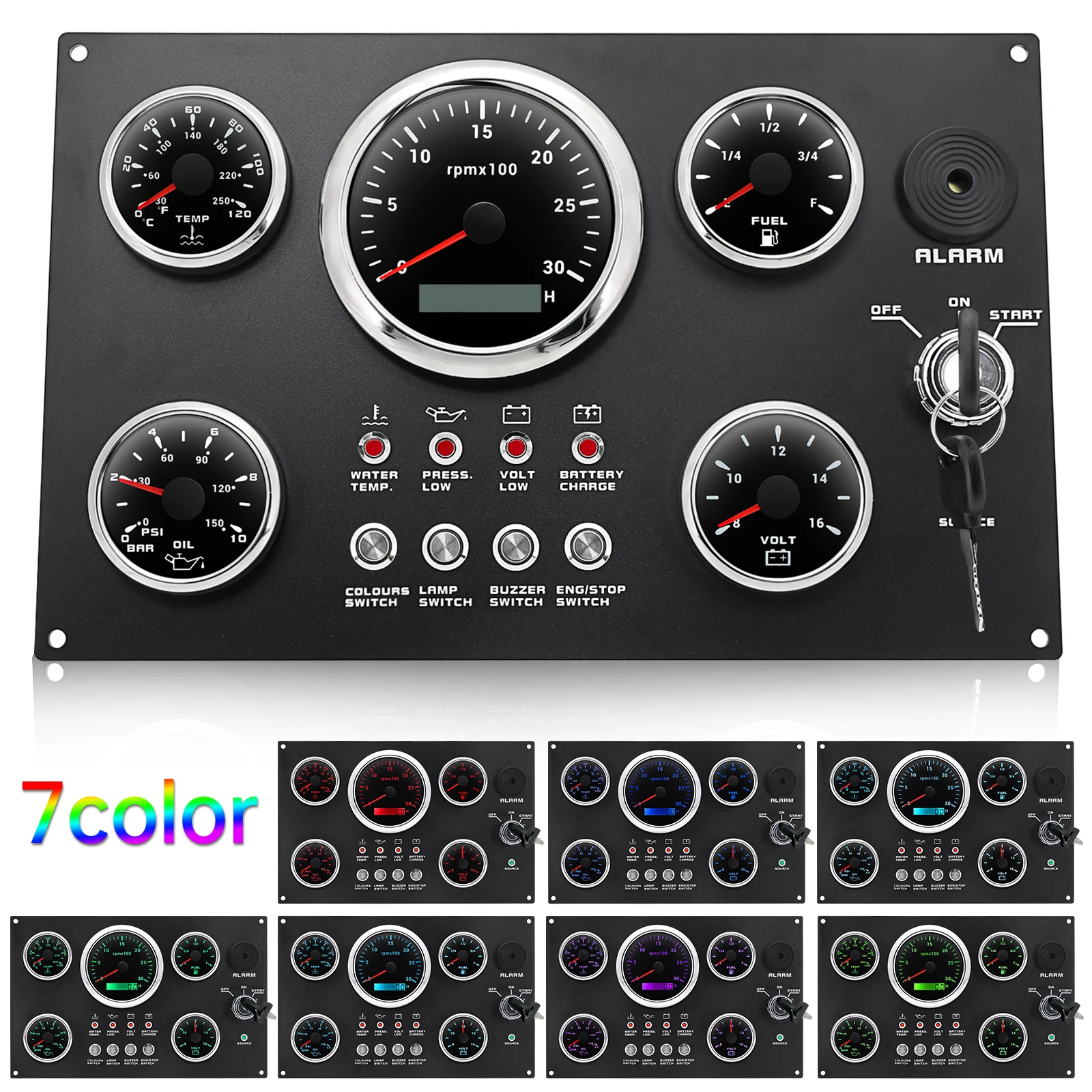 Speed Gauges Engine Tachometer Hour Meter Engine Dash Instrument Panel 5 Gauge Set 7Color LED 85mm Tachometer 52mm Fuel Level Oil Press Water Temp VOLT for RV Boat Custom