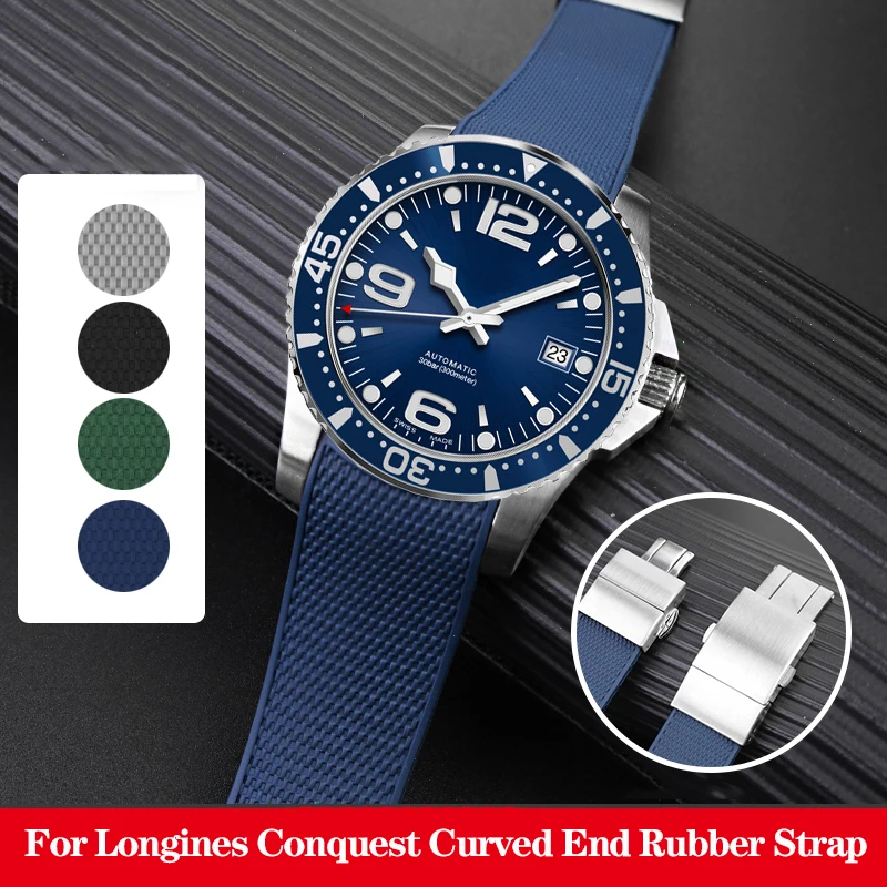 Pulseira de Relógio Curva Final para Longines Conquest Pulseira de Silicone Fivela Dobrável L3.742.4 642 781 782 Estilo 21 mm