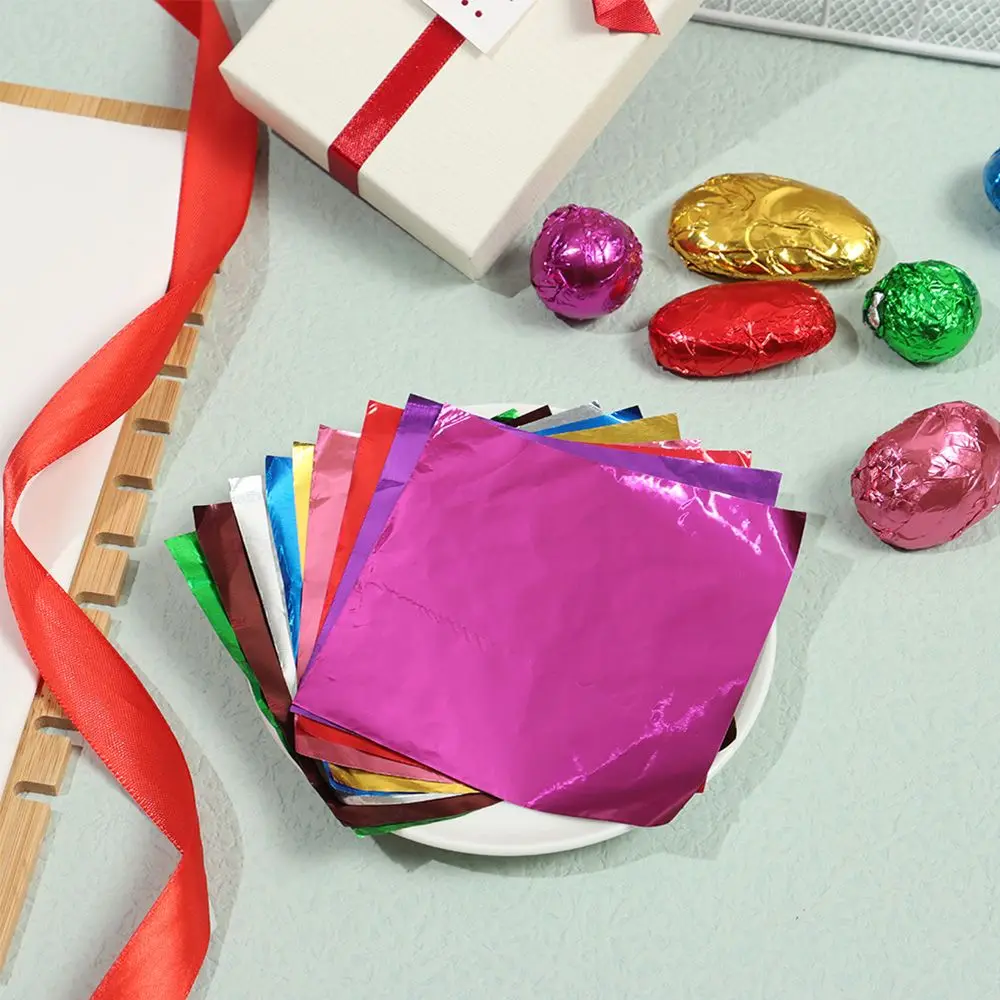 100 Stück goldene Farbe Aluminium folie Zinn Geschenk papier Metall prägung Süßigkeiten Schokoladen papier Hochzeits feier liefert – Detail 5