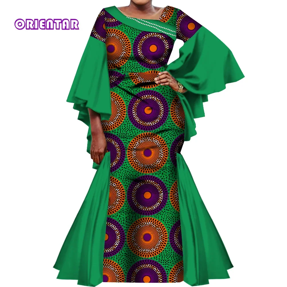 

2022 Robe Africaine Femme Women African Dress Flare Sleeve Patchwork Dashiki Mermaid Dresses Party African Clothing WY9957