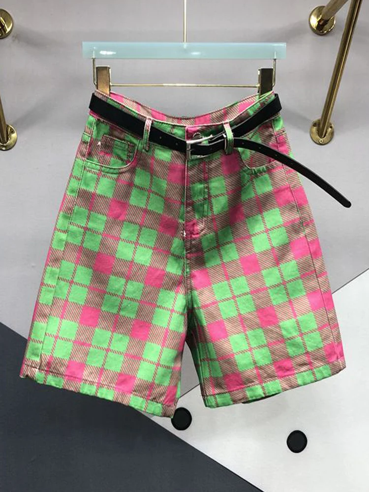 

Woman Spring And Summer Color-blocking Plaid Print Streetwear Denim Five-point All-match High-waisted Straight Wide-leg Pants
