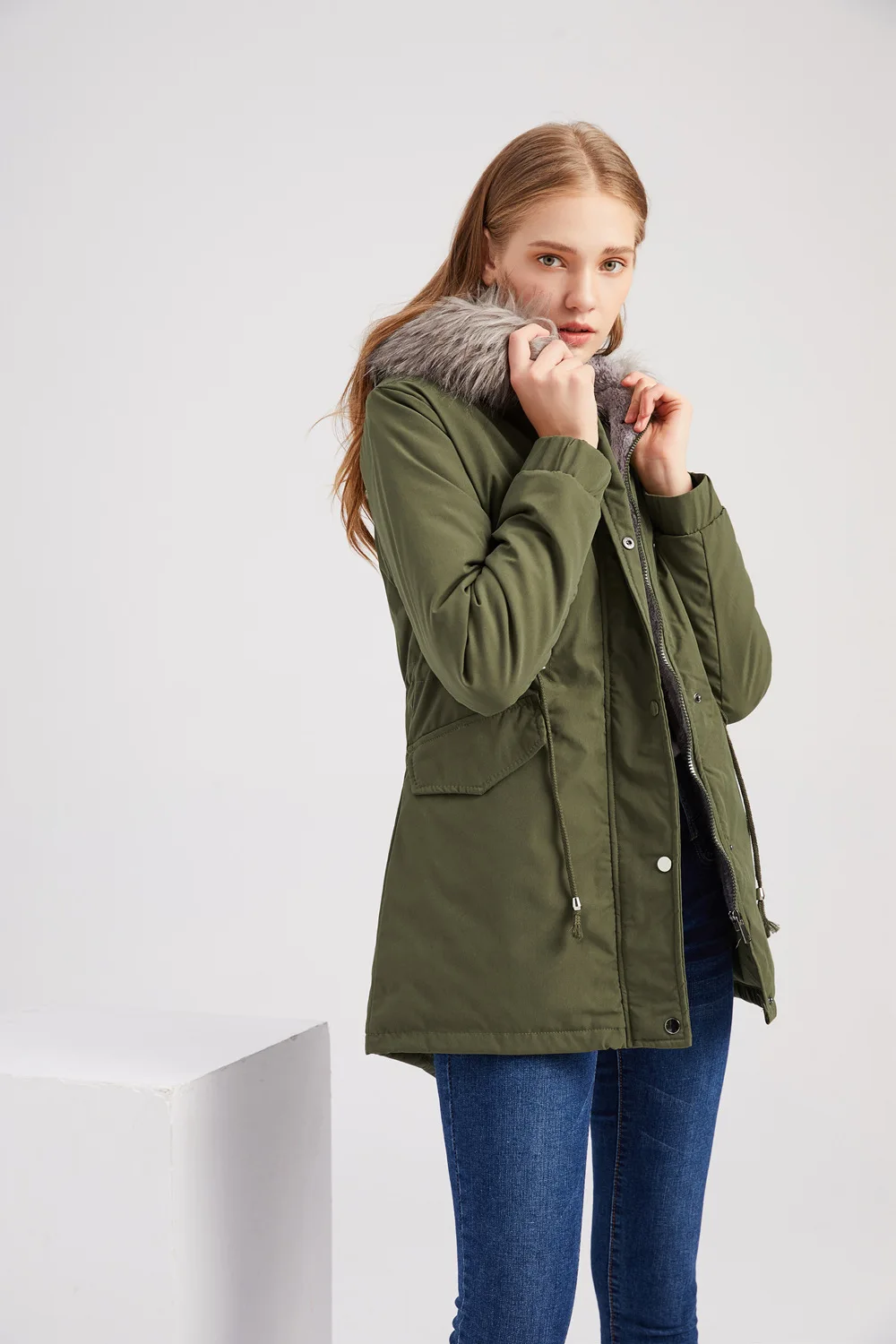 

Women's Long Hooded Cashmere Parka, Cotton Jacket, Warm, Winter