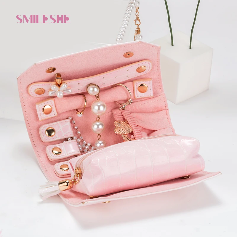 

Smileshe Small Travel Jewelry Organizer Buttoned Rolling Storage Bag Necklace Rings Earrings Folding Portable Holder for Women