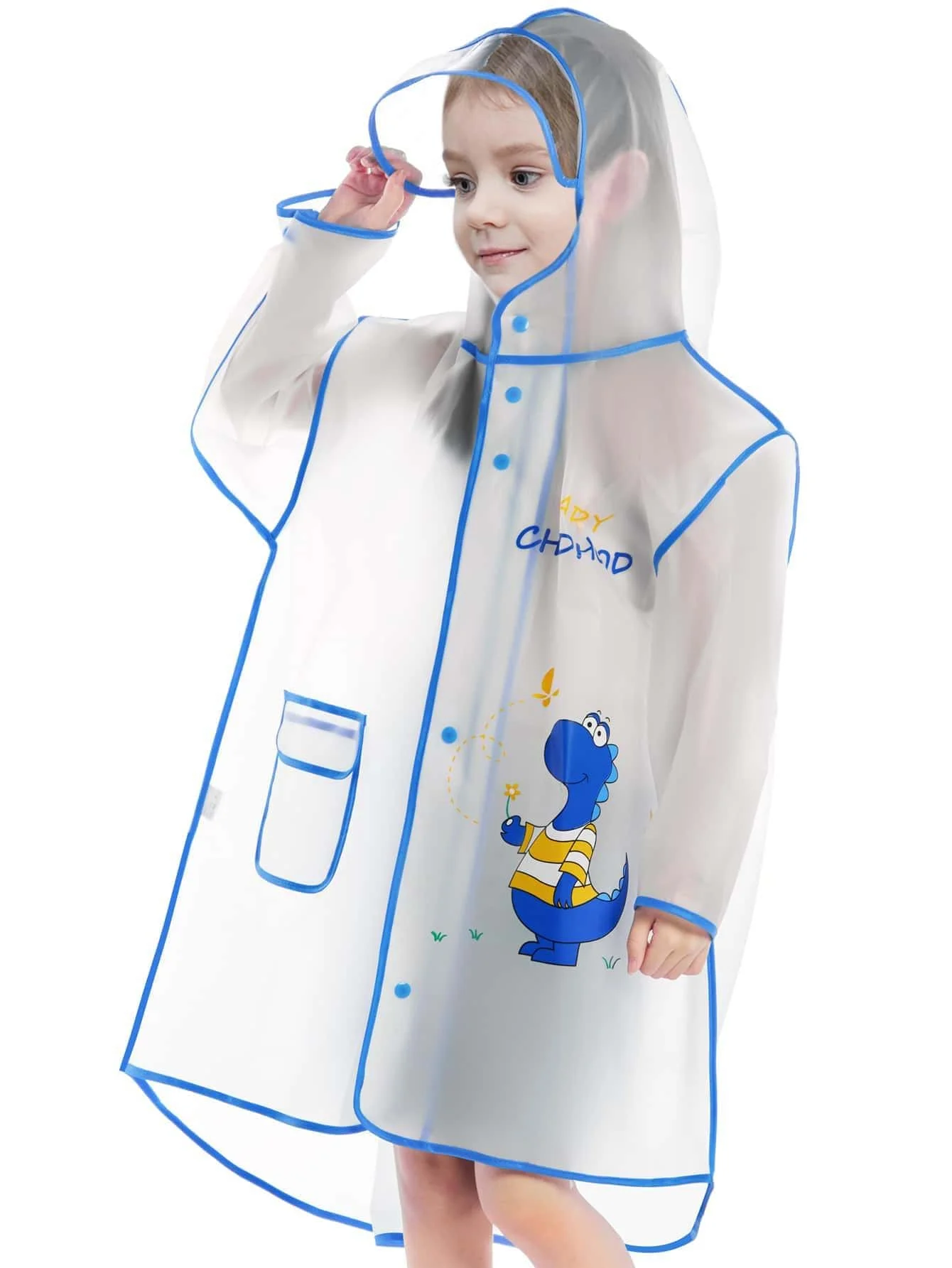 Children's raincoat Boys and girls primary school baby kindergarten school bag rain poncho cartoon raincoat blue dinosaur style