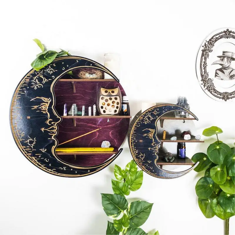 

Moon Shelf Crescent Moon Shelf for Crystals Stone Essential Oil Small Plant Gothic Witchy Art Wall Wood Shelf Wall Decor Wooden
