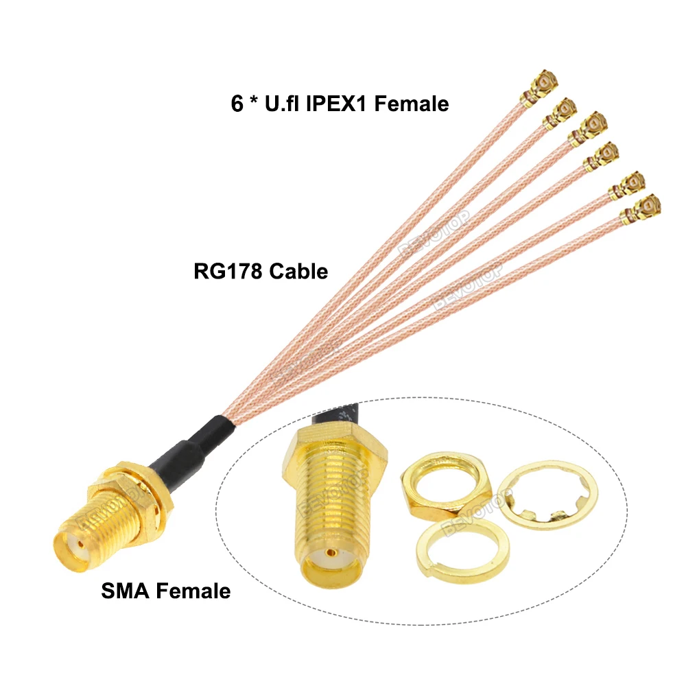 1PCS SMA to 6 IPX Splitter RP-SMA / SMA Female to 6 x IPEX1 Female1 RG178/ RF1.13 Cable WIFI Antenna Extension Jumper Pigtail