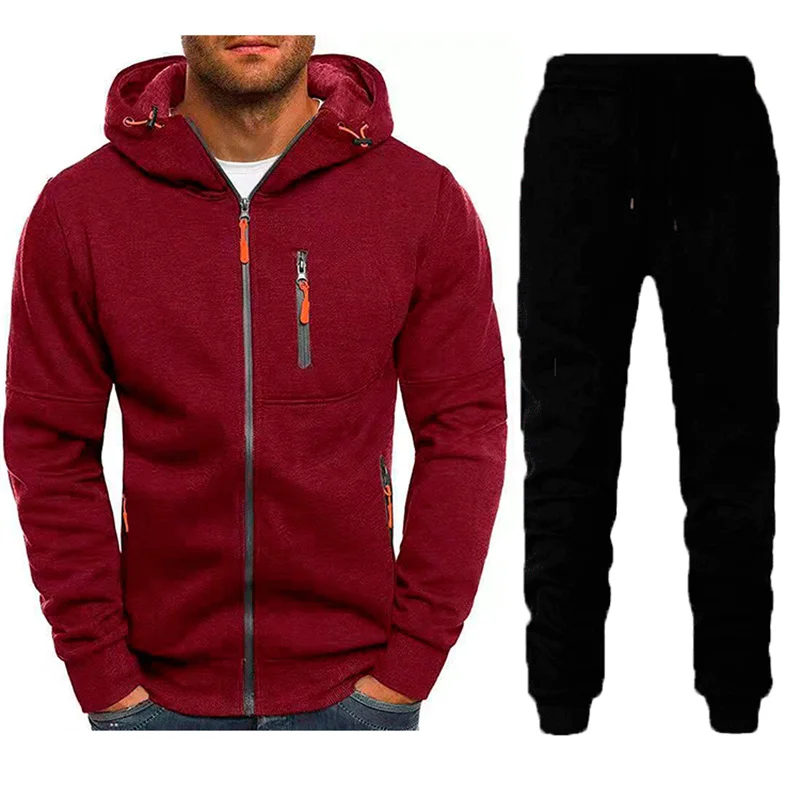 Casual Sports Style Two Piece Sets Men's Warm Cotton Hooded Outerwear Inside Pocket Drawstring Trousers Autumn Winter Male Suits