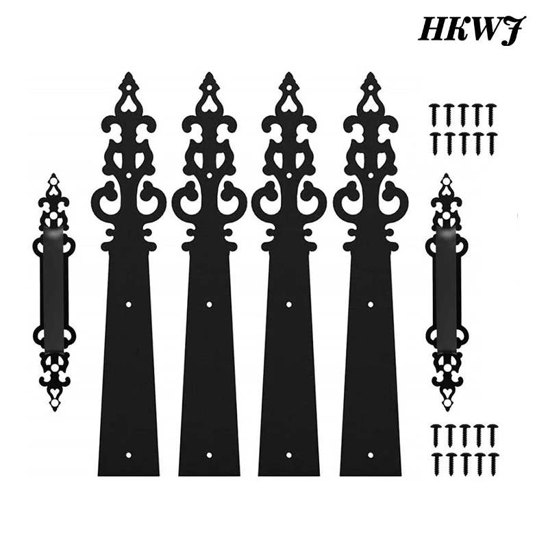 Description Picture 2 of itemMetal Gate Door House Hinge Handle Set Decorative Garage Door Carriage Door Hardware Black 2 Handles 4 Hinge with Screws