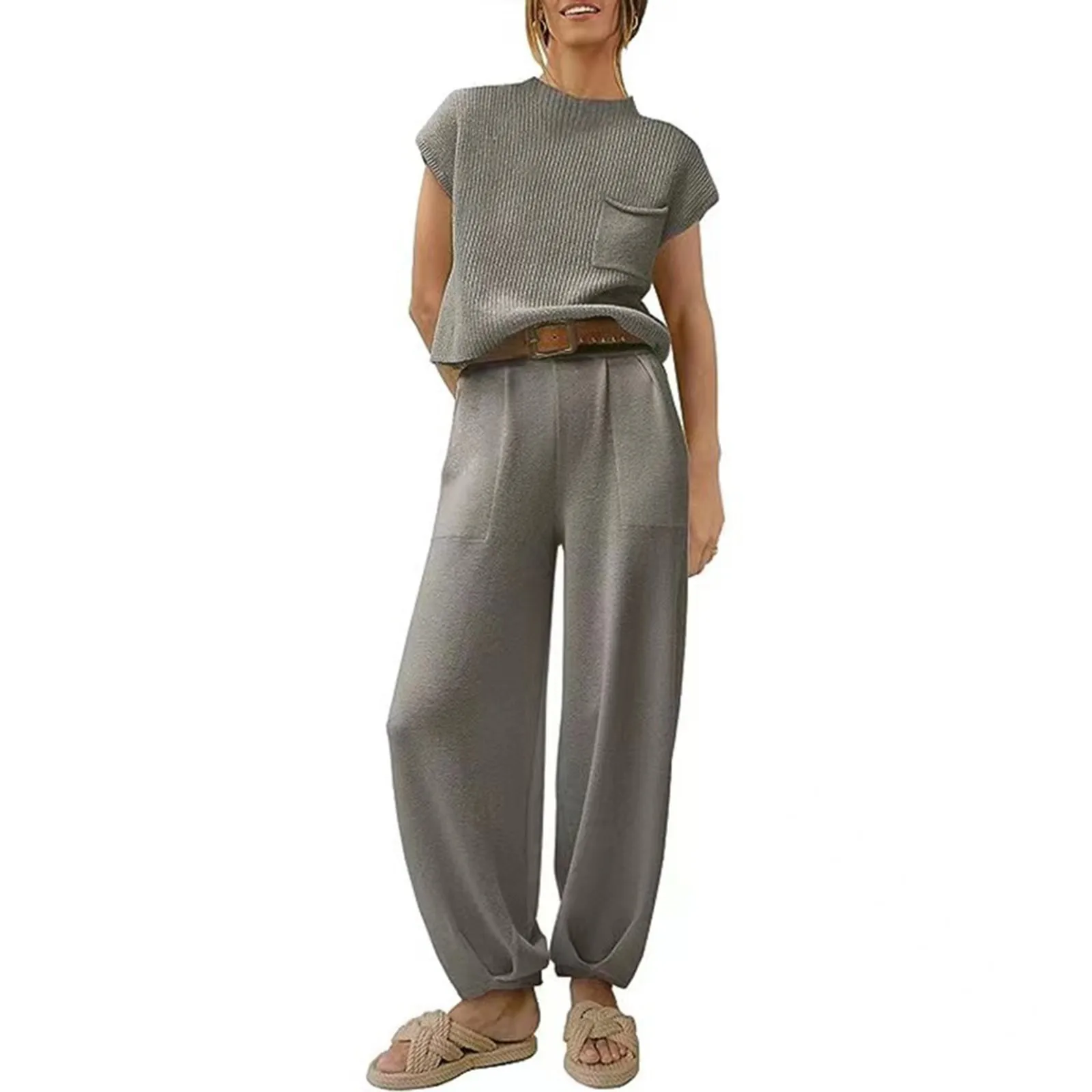 Sports Suit Women Solid Color Pocket Sleeveless Leggings Two Pieces