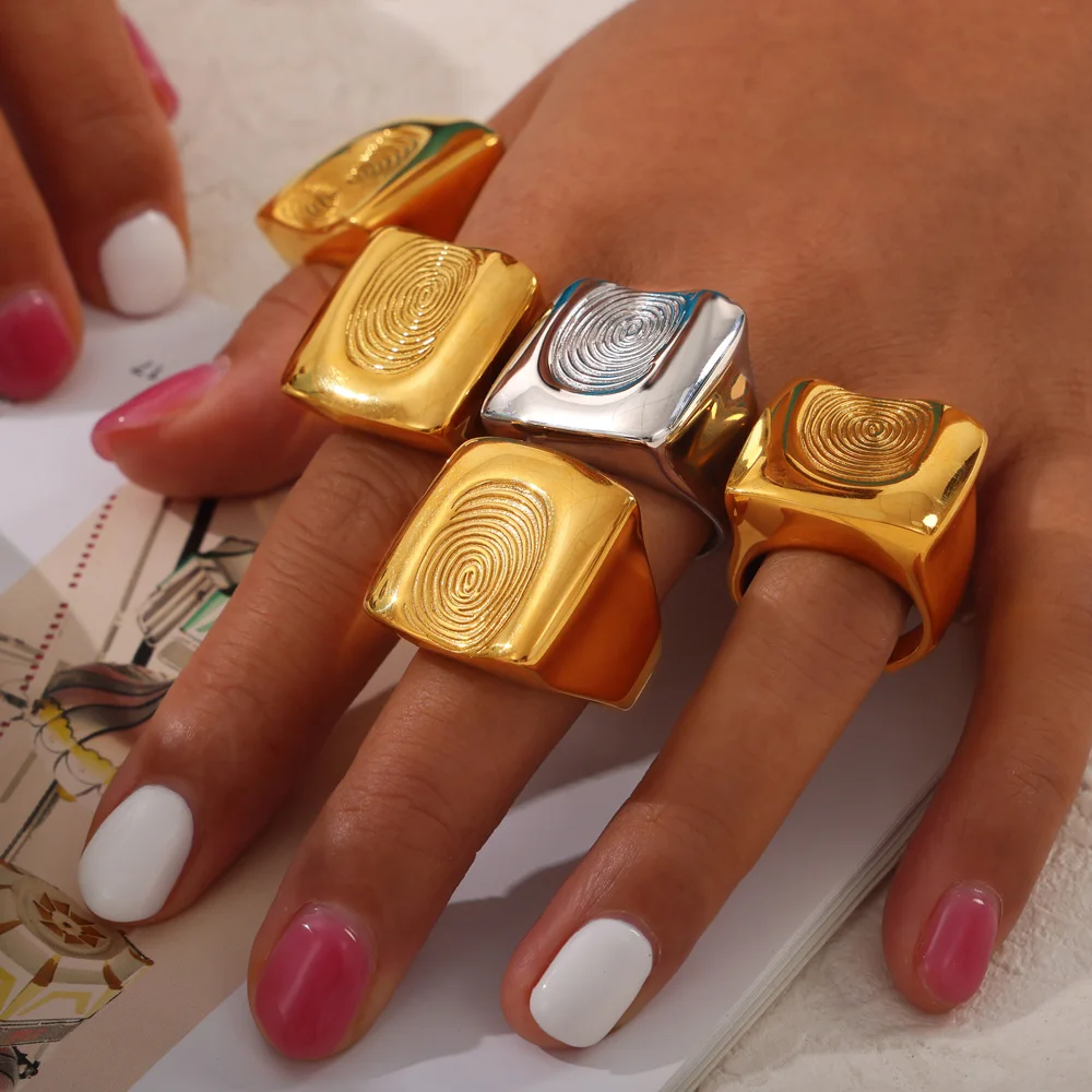 HugeRingForWomenStainlessSteel18KGoldPlatedFingerprintPatternWomen